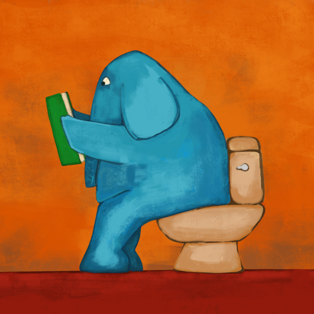 Painting of a elephant reading a book on the potty.