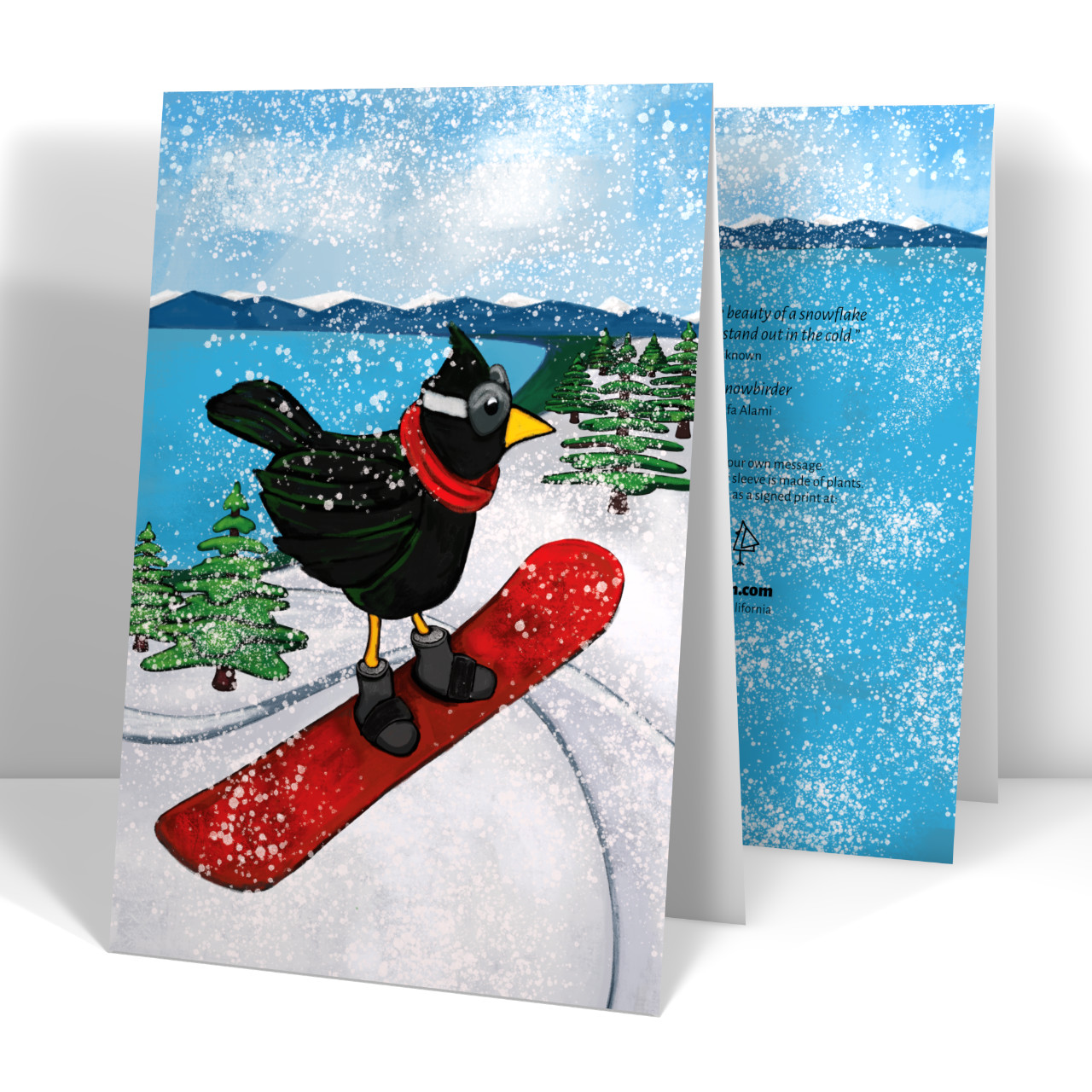 Painting of a bird on a snowboard