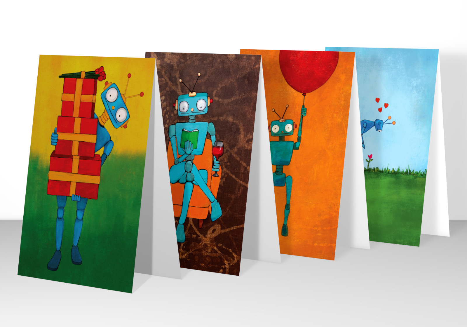 Painting of Four Robot cards. Robot and Red Balloon and Happy Sprint Robot and Civilized Robot.