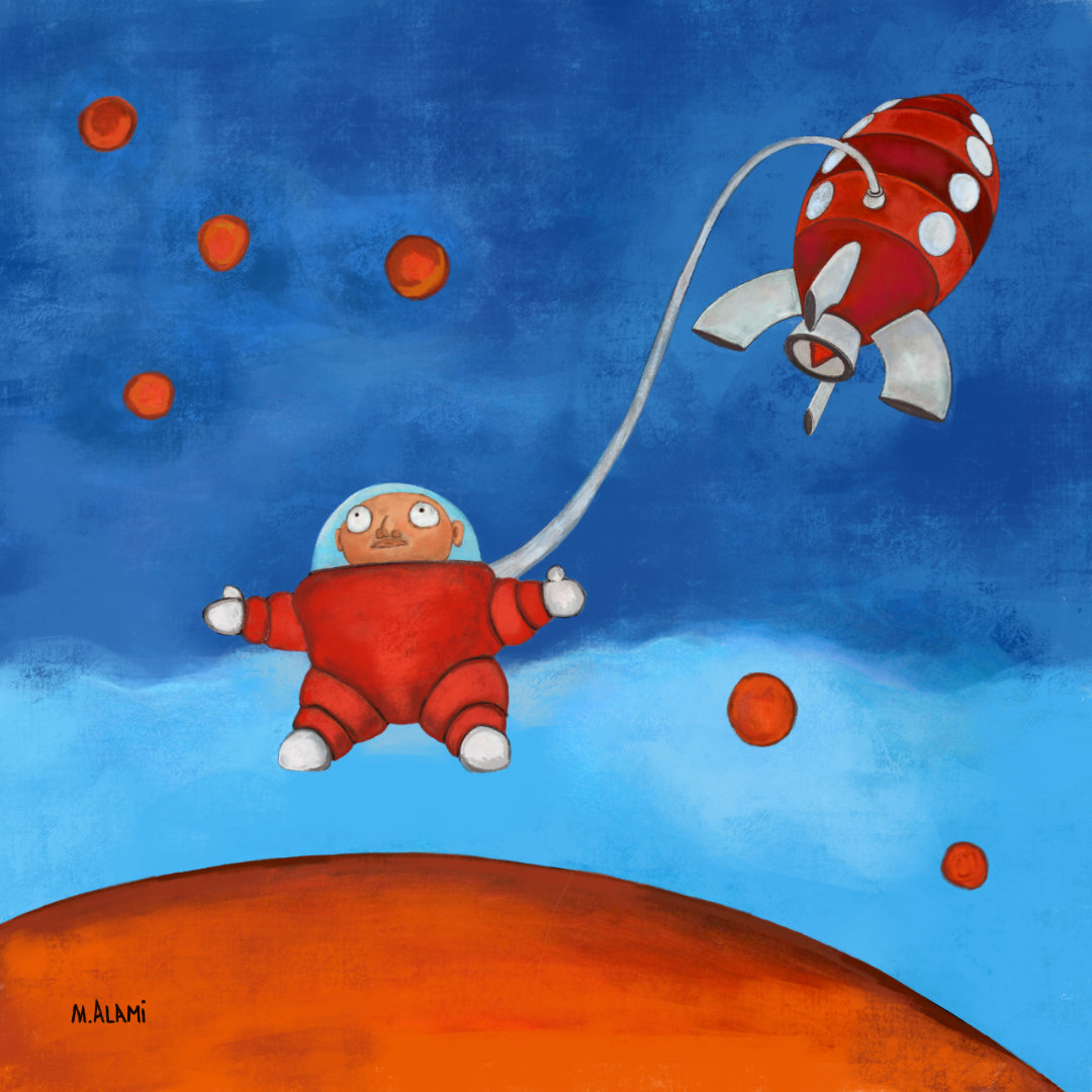 Painting of a character flying in the middle of space with a spaceship in the background.