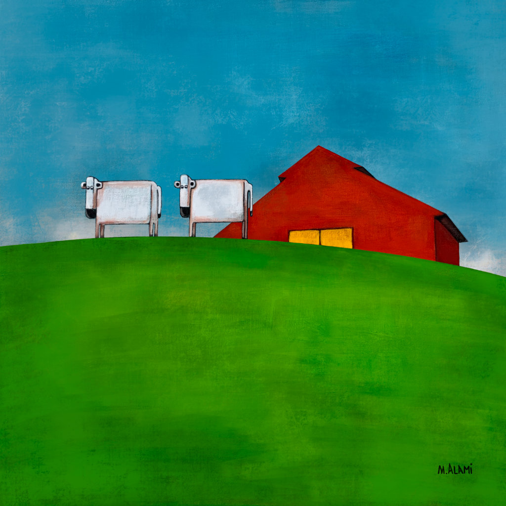 Painting of two cows and a red barn in Sonoma, CA.