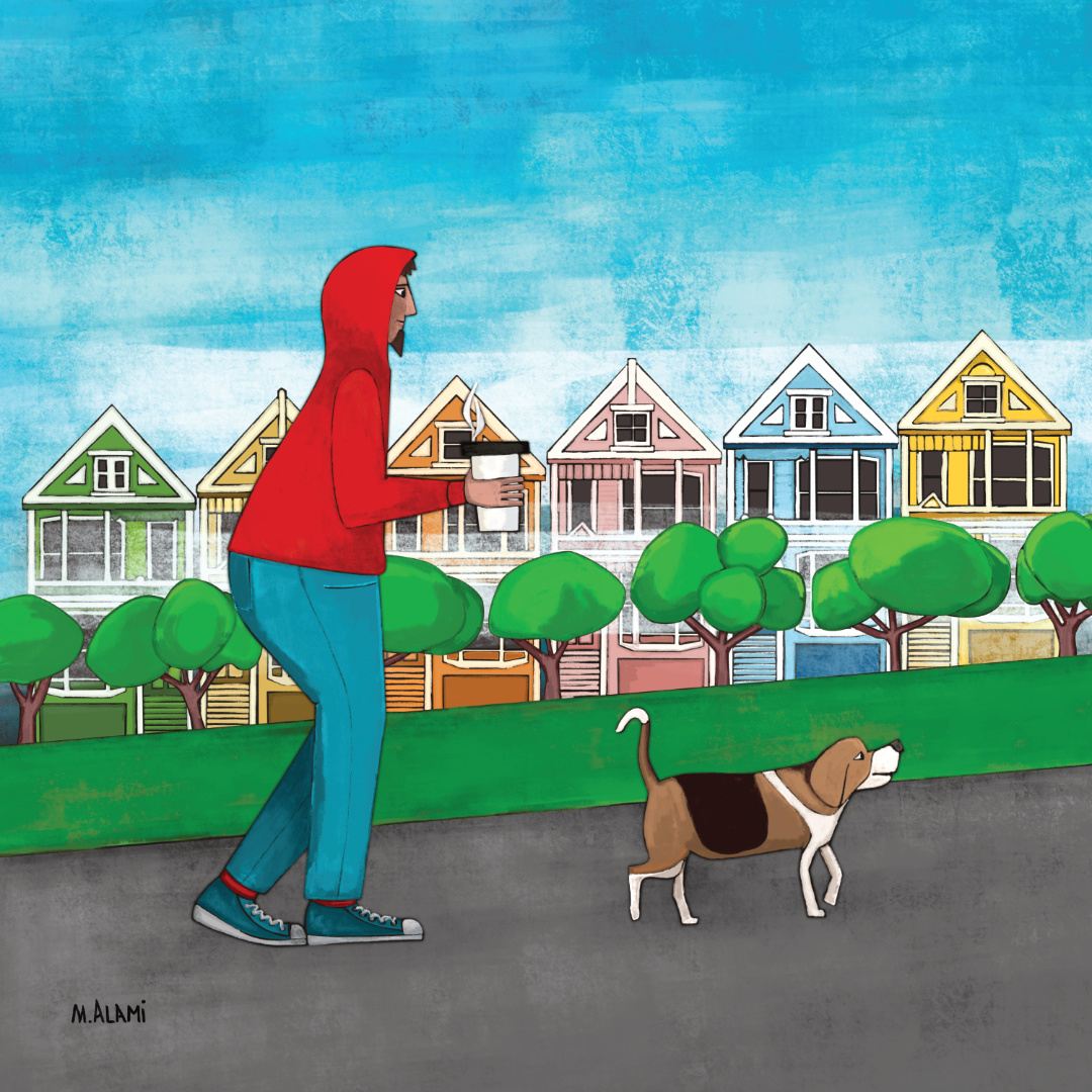 Painting of Man walking his dog through San Francisco with the painted ladies houses in the background. 