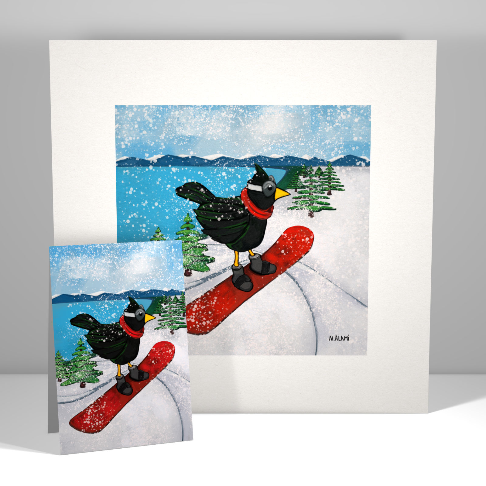 Painting of a Bird about to go snowboarding.