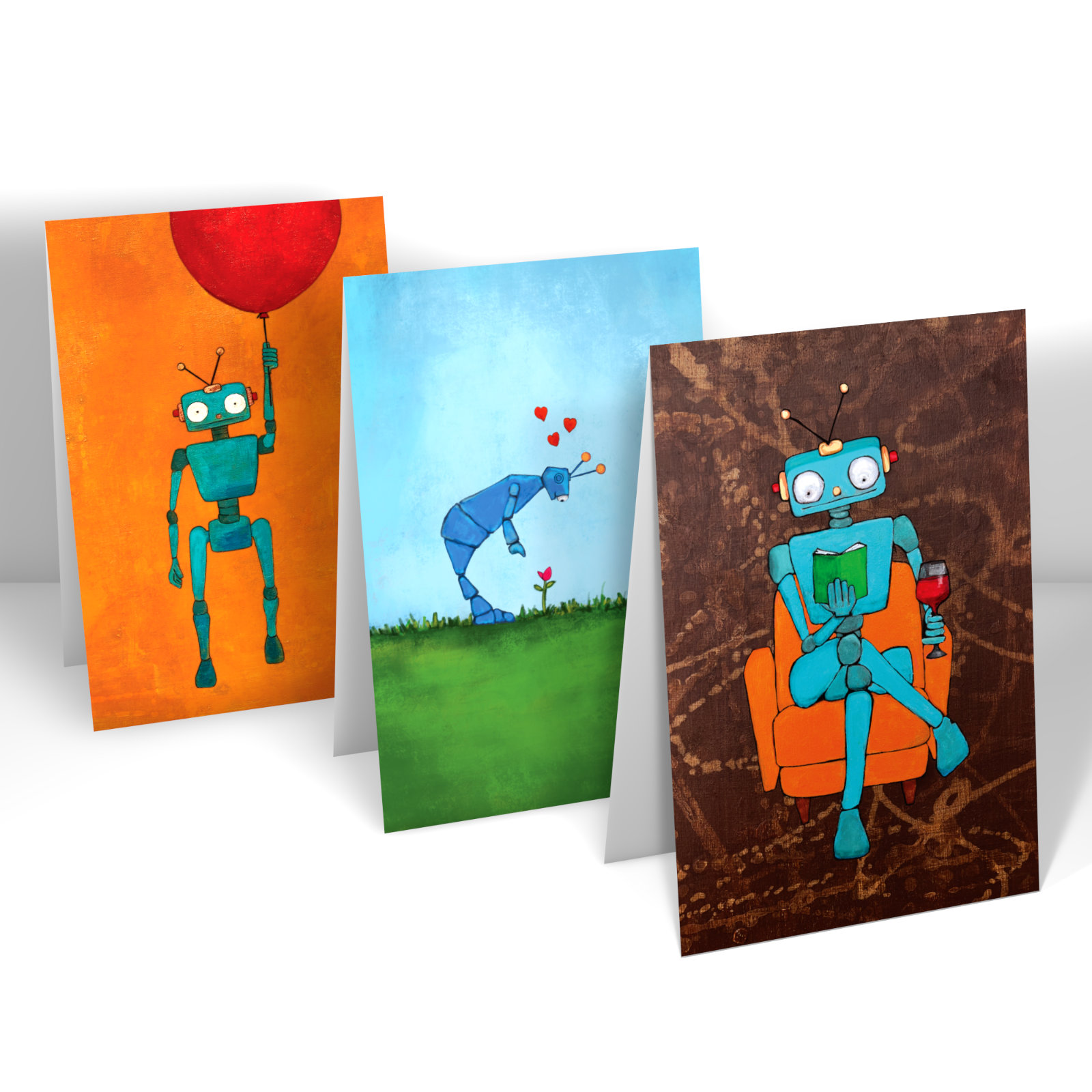 Painting of Three Robot cards. Robot and Red Balloon and Happy Sprint Robot and Civilized Robot.