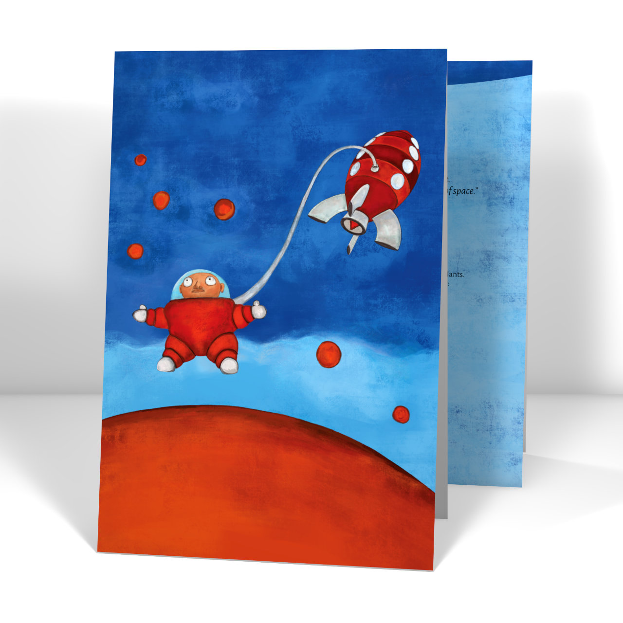 Painting of a character flying in the middle of space with a spaceship in the background.