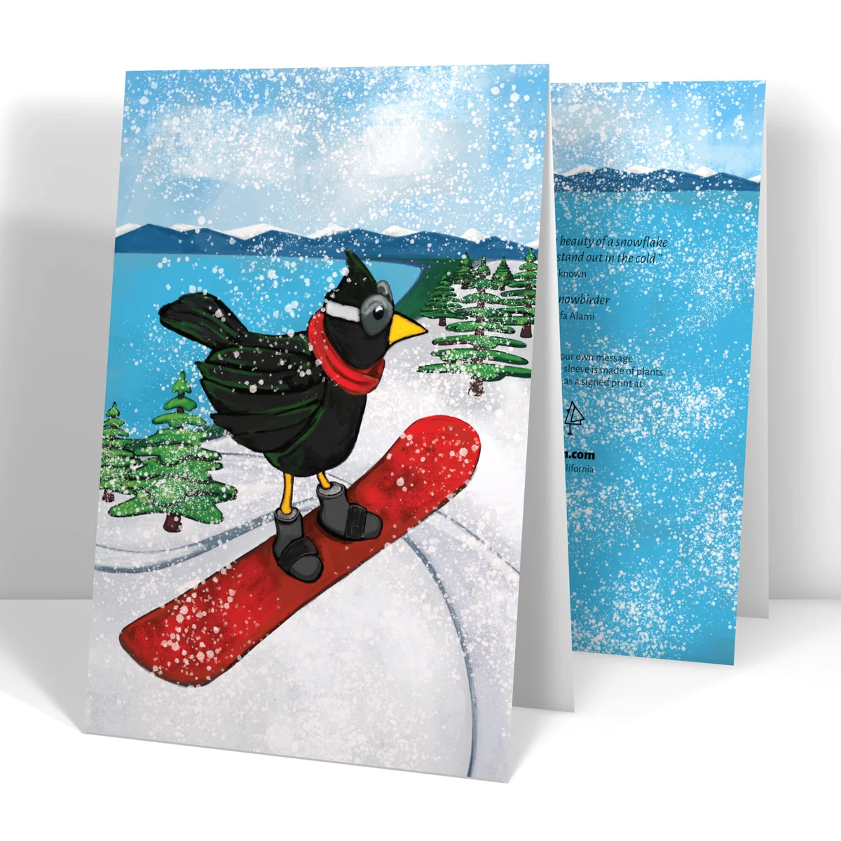Painting of a black bird snowboarding.